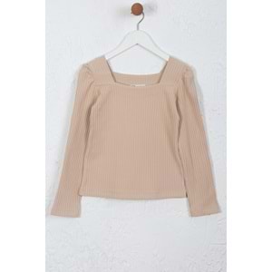 Kız Çocuk Tişört Dikdörtgen Yaka - Sütlü Kahve (128/152)