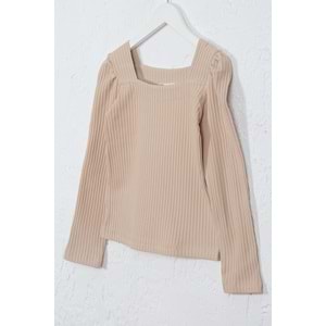 Kız Çocuk Tişört Dikdörtgen Yaka - Sütlü Kahve (128/152)