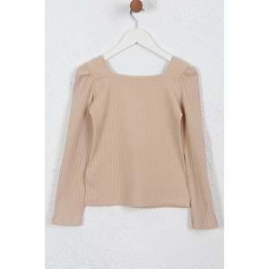 Kız Çocuk Tişört Dikdörtgen Yaka - Sütlü Kahve (128/152)