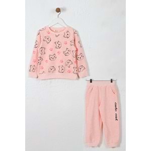 Kız Çocuk Sweat Takım Kediler Baskılı - Pembe Melanj (98/122)
