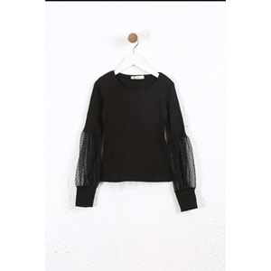 Kız Çocuk Tişört Kolları Dantelli - Siyah (128/152)