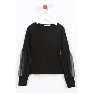 Kız Çocuk Tişört Kolları Dantelli - Siyah (128/152)