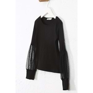 Kız Çocuk Tişört Kolları Dantelli - Siyah (128/152)