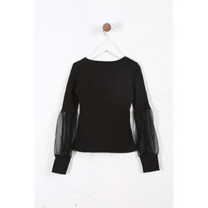 Kız Çocuk Tişört Kolları Dantelli - Siyah (128/152)