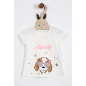 Kız Çocuk Tişört Köpek Baskılı - Krem (92/116)