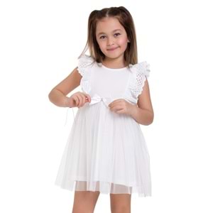 Kız Çocuk Elbise Fiyonklu - Krem (98/122)