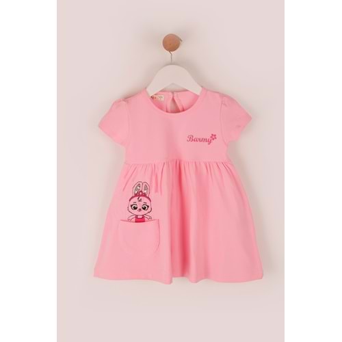 Kız Çocuk Elbise Tavşanlı Baskılı - Bebe Pembesi (74/98)