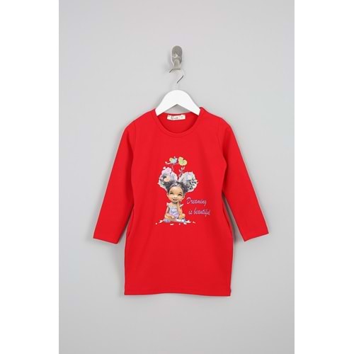 Kız Çocuk Elbise Kız Baskılı - Kırmızı (92/116)