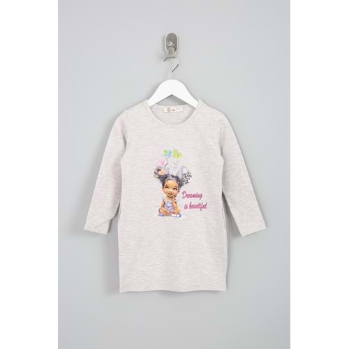 Kız Çocuk Elbise Kız Baskılı - Kahve Melanj (92/116)