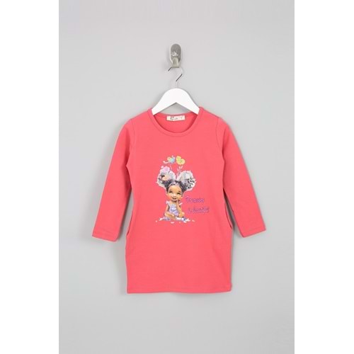 Kız Çocuk Elbise Kız Baskılı - Koyu Fuşya (92/116)