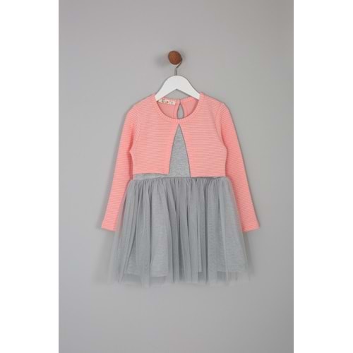 Kız Çocuk Elbise - Yavruağzı/Gri (98/122)