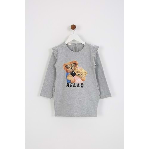 Kız Çocuk Elbise Hello Baskılı - Gri (98/122)