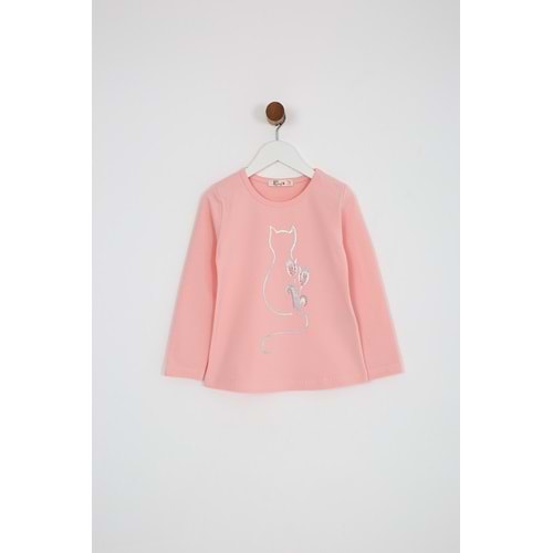 Kız Çocuk Tişört Kedi Baskılı - Yavruağzı (98/122)