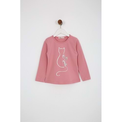 Kız Çocuk Tişört Kedi Baskılı - Gül Kurusu (98/122)