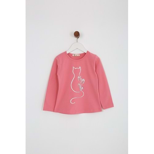 Kız Çocuk Tişört Kedi Baskılı - Şeker Pembe (98/122)
