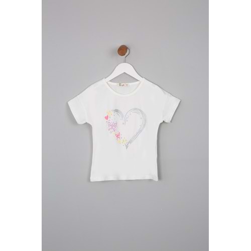 Kız Çocuk Tişört Kalp Baskılı - Krem (116/140)