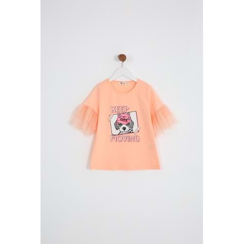 Kız Çocuk Tişört Şirin Köpek Baskılı - Yavruağzı (116-140)