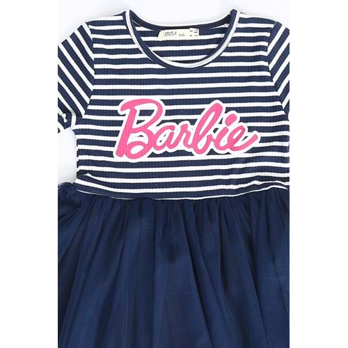 Kız Çocuk Elbise Çizgili Barbie Baskılı - Siyah (104/134)