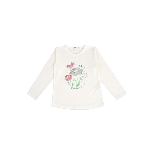 Kız Çocuk Tişört Çiçek Baskılı - Krem (116/140)