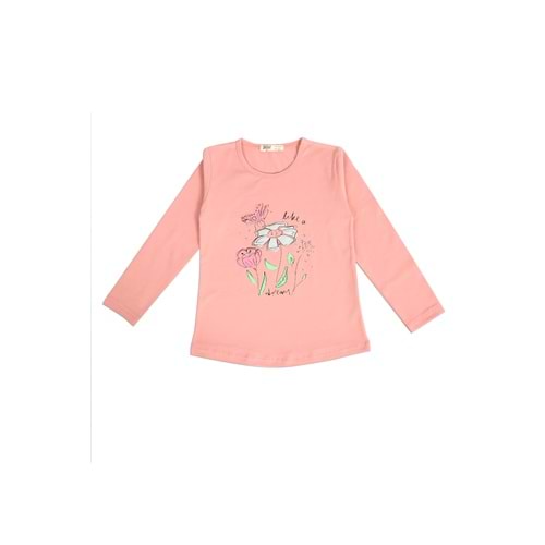 Kız Çocuk Tişört Çiçek Baskılı - Gül Kurusu (116/140)