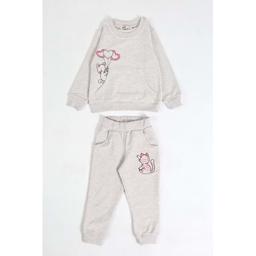 Kız Çocuk Sweat Takım Balonlu Kedi - Kahve Melanj (92/116)