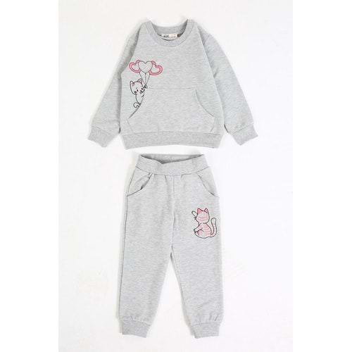 Kız Çocuk Sweat Takım Balonlu Kedi - Gri (92/116)