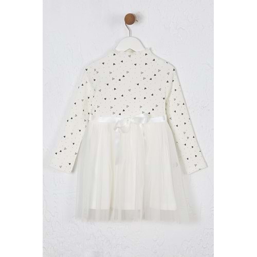 Kız Çocuk Elbise Desenli Kemerli - Krem (98/122)