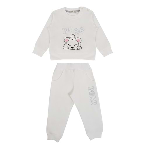 Kız Çocuk Sweat Takım Ayı Nakışlı - Krem (86/110)