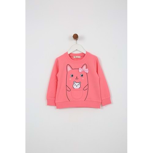 Kız Çocuk Tişört Minik Kedi Baskılı - Şeker Pembe (92/116)