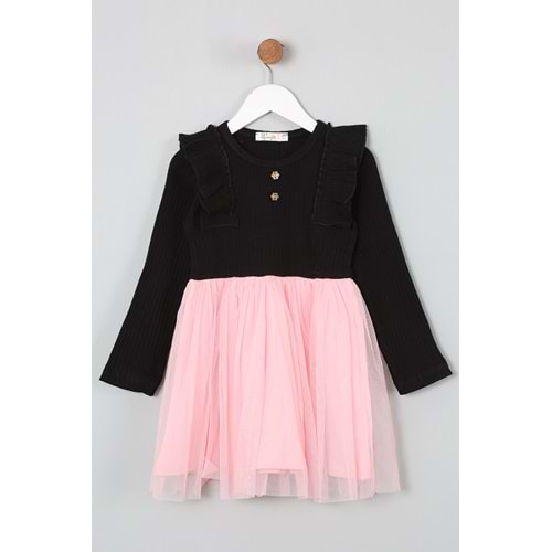 Kız Çocuk Elbise Ahşap Düğmeli - Bebe Pembe (98/122)