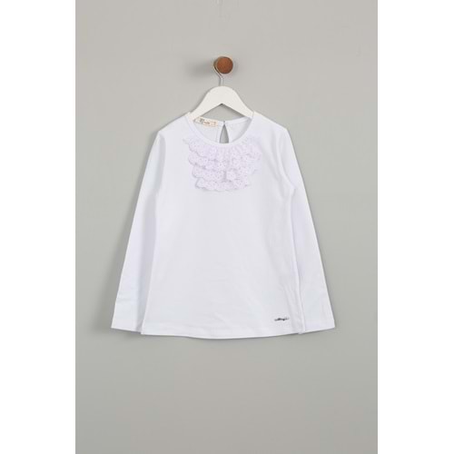 Kız Çocuk Tişört Yakası Dantelli - Beyaz (128/152)