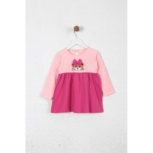 Kız Çocuk Elbise Kurdeleli Ayıcık Baskılı - Bebe Pembe (86/110)
