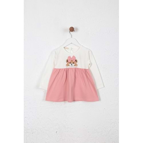 Kız Çocuk Elbise Kurdeleli Ayıcık Baskılı - Krem (86/110)