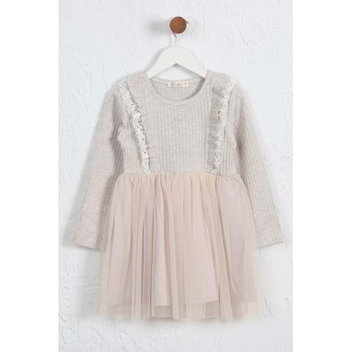 Kız Çocuk Elbise Çift Fırfırlı - Kahve Melanj (98/122)