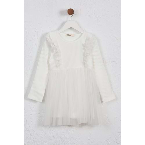 Kız Çocuk Elbise Çift Fırfırlı - Krem (98/122)