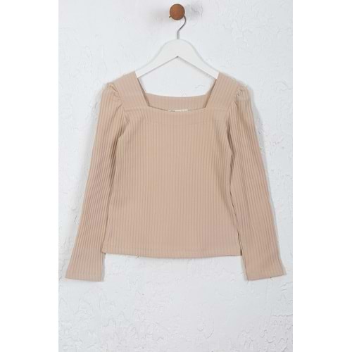 Kız Çocuk Tişört Dikdörtgen Yaka - Sütlü Kahve (128/152)