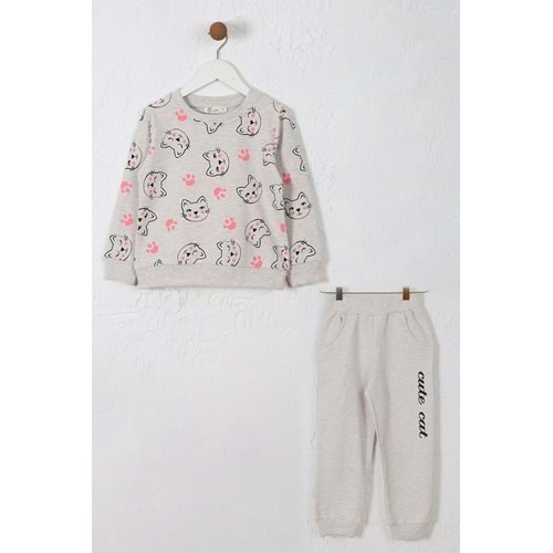 Kız Çocuk Sweat Takım Kediler Baskılı - Kahve Melanj (98/122)