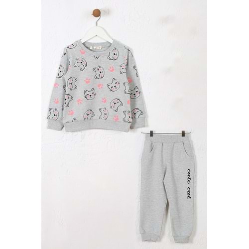 Kız Çocuk Sweat Takım Kediler Baskılı - Gri Melanj (98/122)