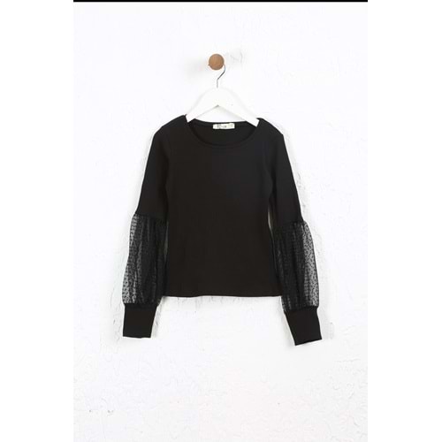 Kız Çocuk Tişört Kolları Dantelli - Siyah (128/152)