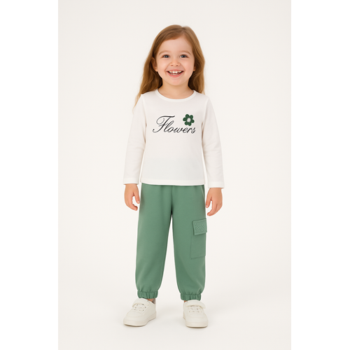 Kız Çocuk Cep Detaylı Takım - Krem-Yeşil - (98/122)