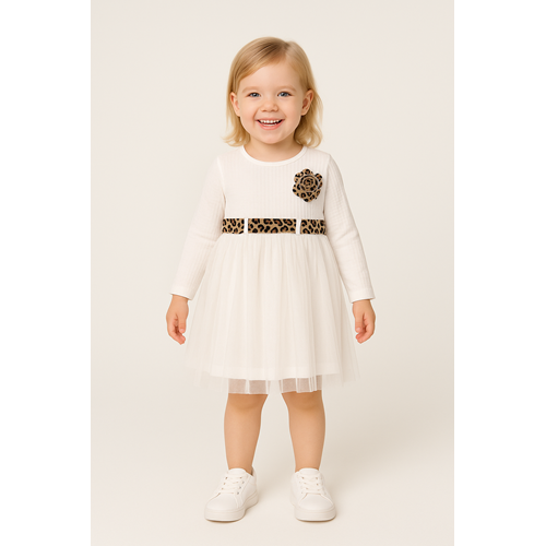 Kız Çocuk Elbise Leopar Kemerli - Krem - (98/122)