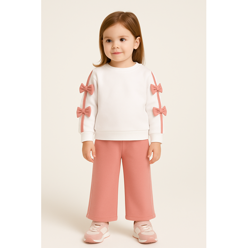 Kız Çocuk Takım Kolda Fiyonk Detaylı - Krem-Gülkurusu - (116/140)