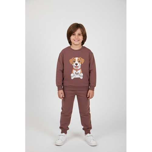 Erkek Çocuk Köpek Baskılı Takım - Kahverengi - (116/140)
