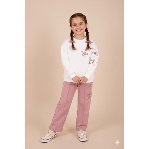 Kız Çocuk Takım Çiçek Nakışlı - Krem - 116/140