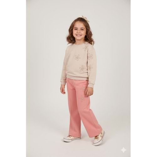 Kız Çocuk Takım Çiçek Nakışlı - Taş - 116/140