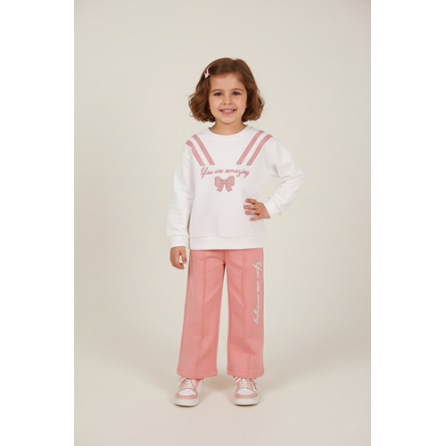 Kız Çocuk Fiyonk Baskılı Takım - Krem-Gülkurusu - (98/122)