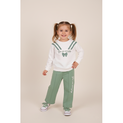 Kız Çocuk Fiyonk Baskılı Takım - Krem-Yeşil - (98/122)