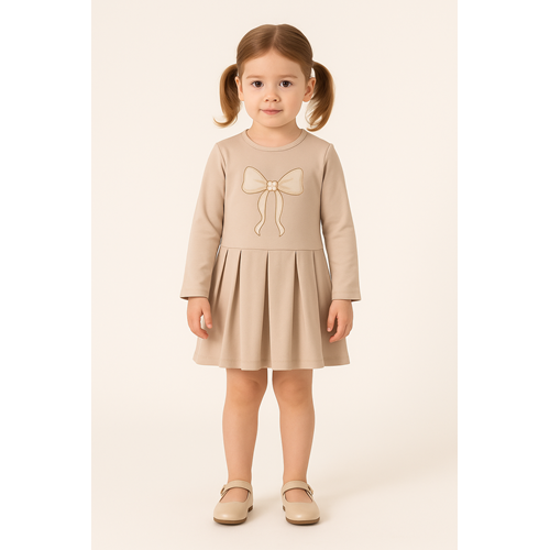 Kız Çocuk Fiyonk Baskılı Elbise - Taş - (92/116)