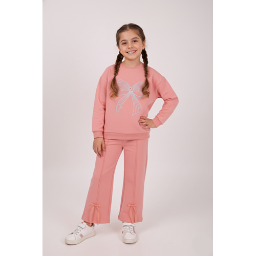 Kız Çocuk Fiyonk Baskılı Takım - Gül Kurusu - (116/140)