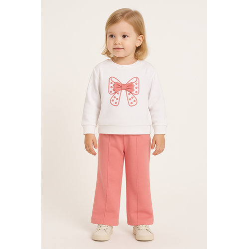 Kız Çocuk Fiyonk Baskılı Takım - Krem-Gülkurusu - (98/122)